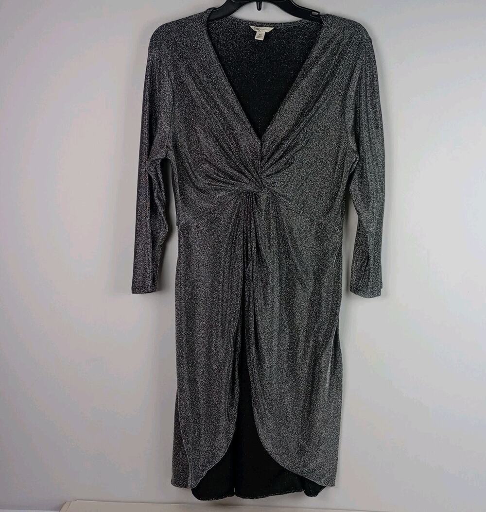 Cato Womens M Black Metallic Silver V Neck Stretchy Long Sleeve Faux‎ Wrap Dress